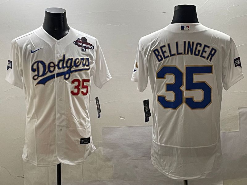 Men Los Angeles Dodgers #35 Bellinger White Gold Elite 2025 Nike MLB Jersey style 8